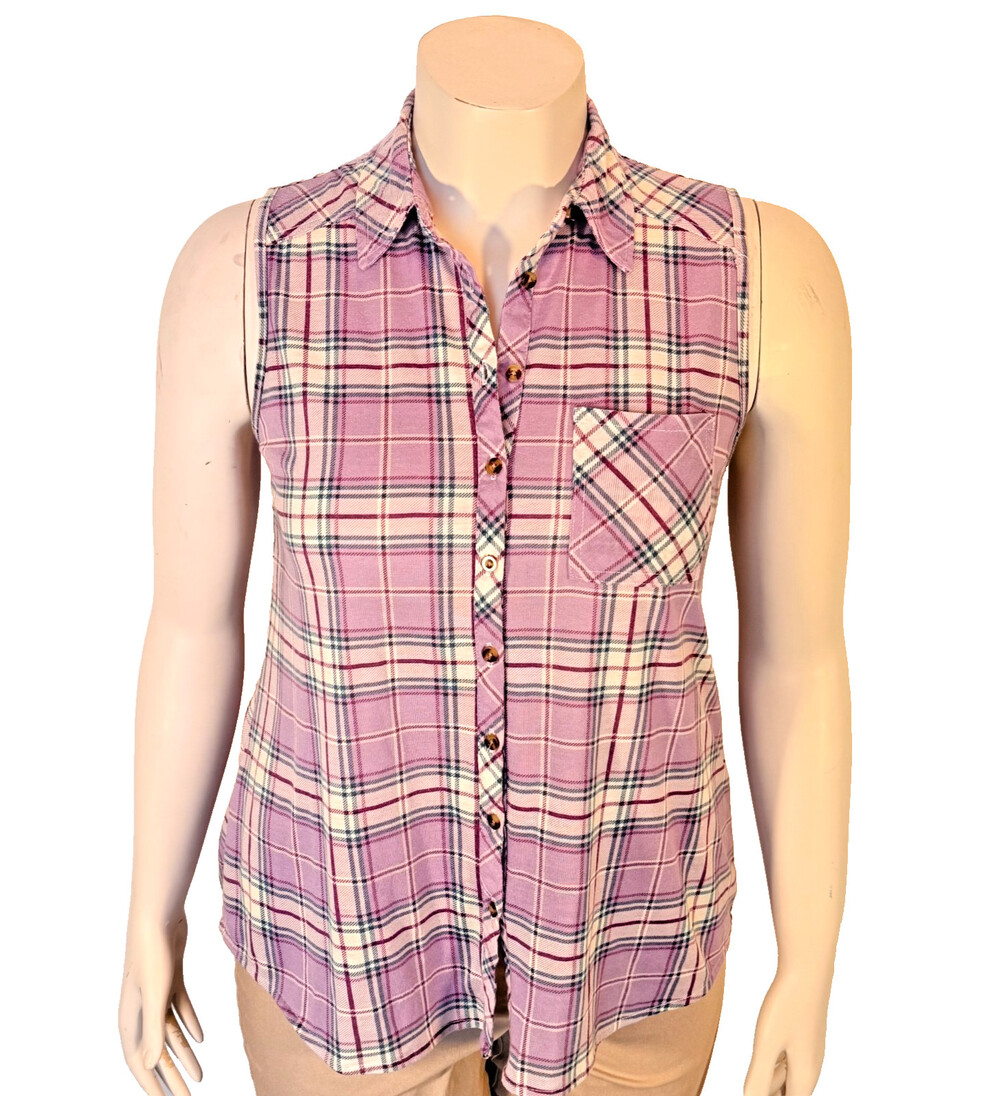 Passport Shirt Women's L Lavender, White, Green Sleeveless Flannel Pocket